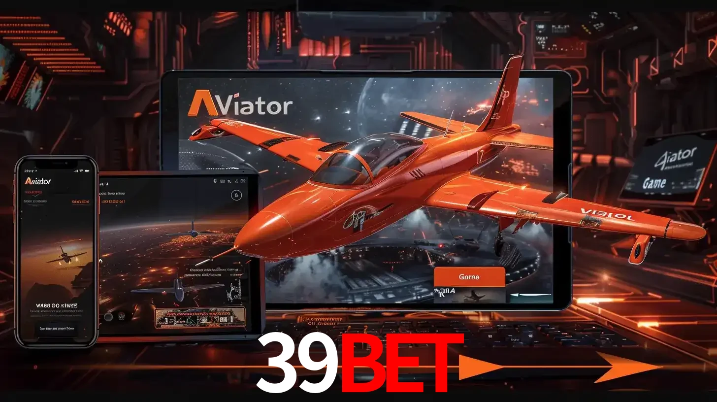 Apresentação tecnológica do jogo Aviator com um avião saindo da tela de um tablet, demonstrando a experiência imersiva em múltiplos dispositivos no 39bet.