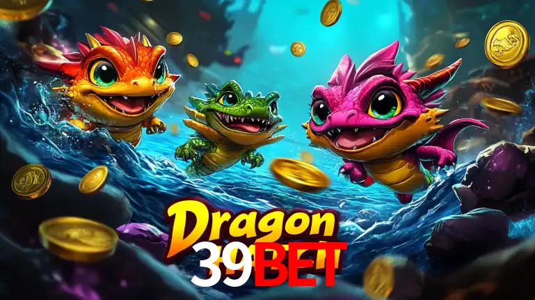 Arte promocional do jogo Dragon Hatch com três adoráveis dragões bebês nadando entre moedas de ouro, um dos slots mais divertidos para jogar no cassino 39bet.