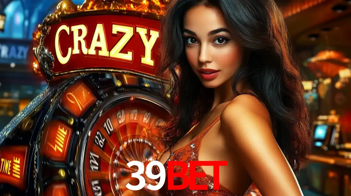 Mulher glamourosa olhando para a câmera com a roda vermelha do Crazy Time ao fundo em um ambiente de cassino, destacando a emoção dos jogos ao vivo no 39bet.