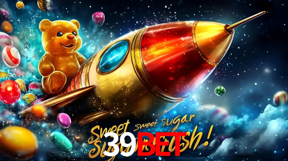 Arte promocional do jogo de slot Sugar Rush, com um urso de pelúcia em um foguete viajando pelo espaço de doces, um dos jogos divertidos disponíveis no cassino 39bet.