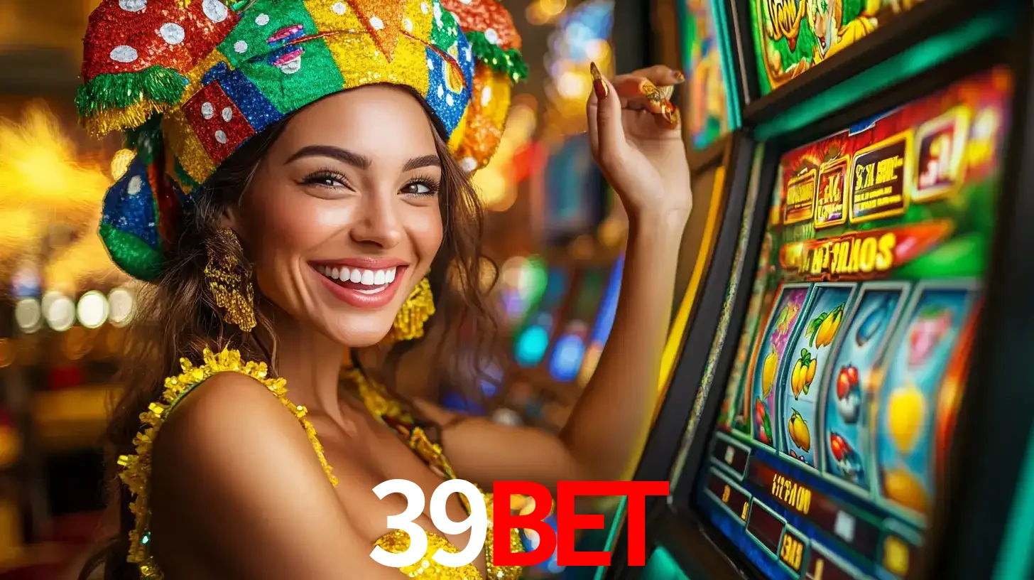 Mulher feliz com traje de carnaval amarelo e colorido ao lado de uma máquina de caça-níqueis, aproveitando a diversão e os jogos temáticos do cassino 39bet.